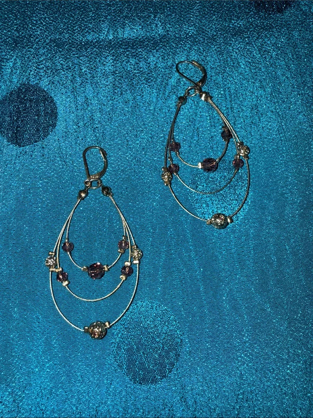 Silver Teardrop Dangle Earrings with Purple Crystals